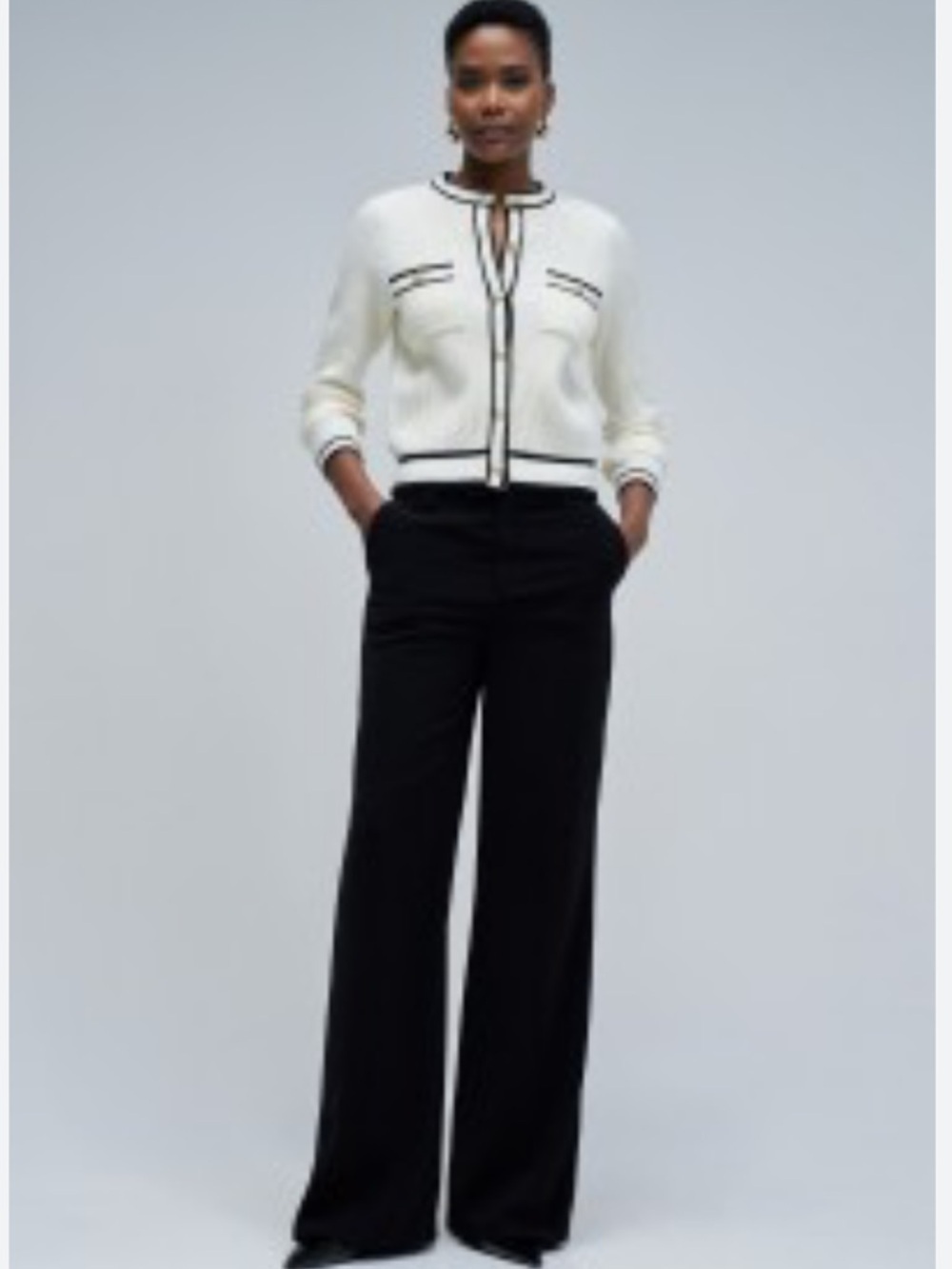 Classic White Knit Cardigan with Navy Trim – Button Front size medium